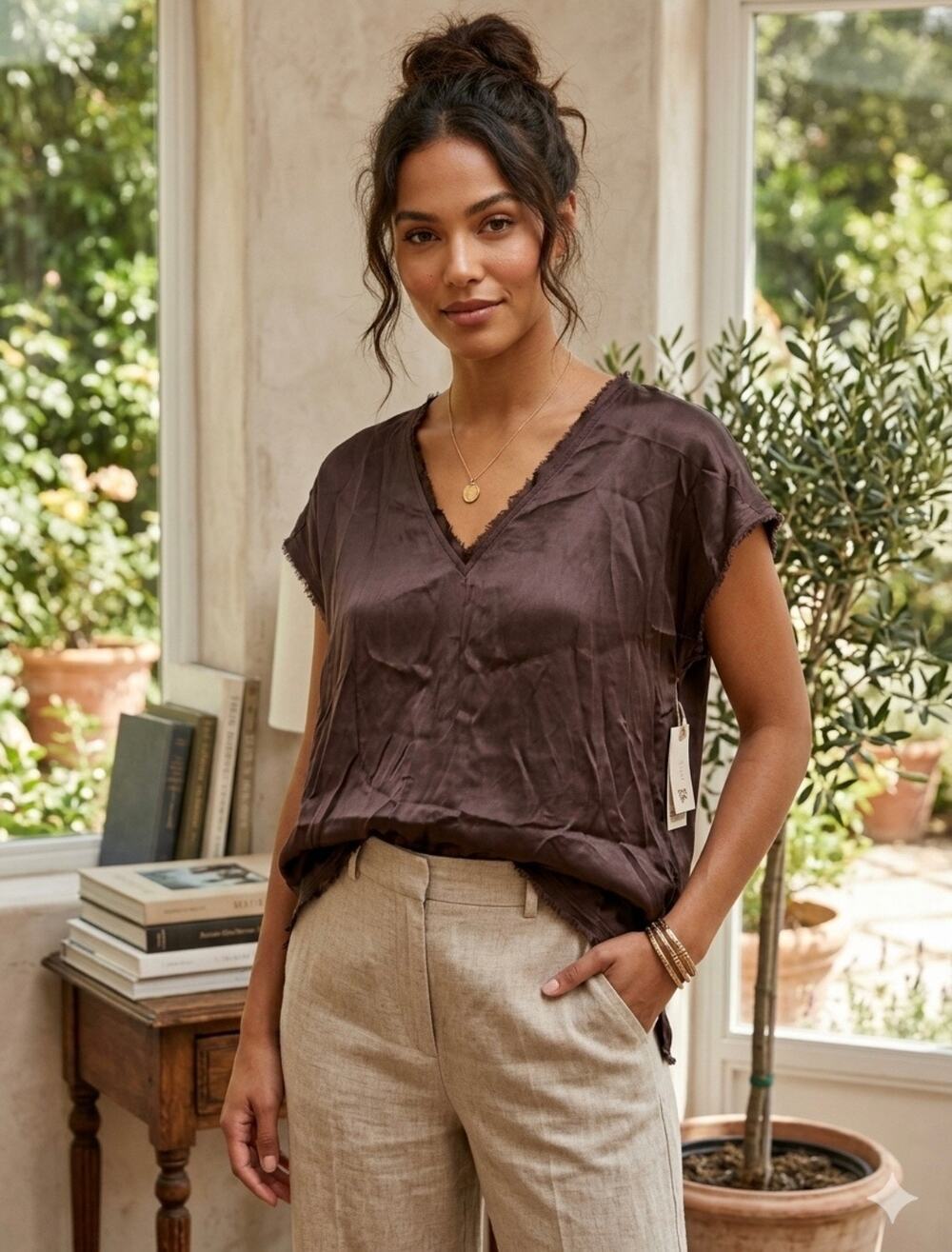 Go Silk 100% Silk brown Java luxury RawEdge Cap Sleeve V-Neck Popover Blouse